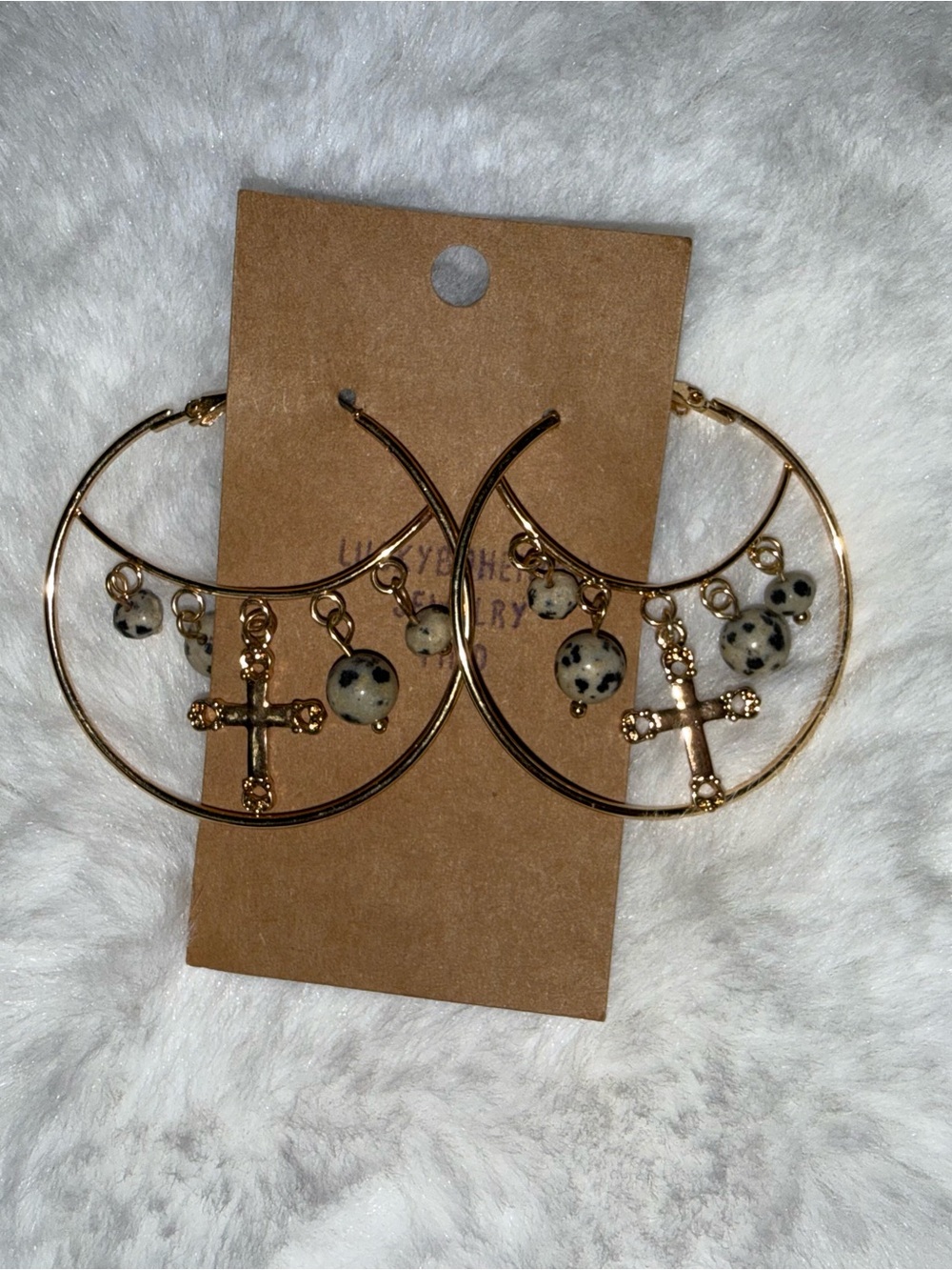 Gold Hoop Cross Dangle Earrings with Dalmatian Jasper Beads